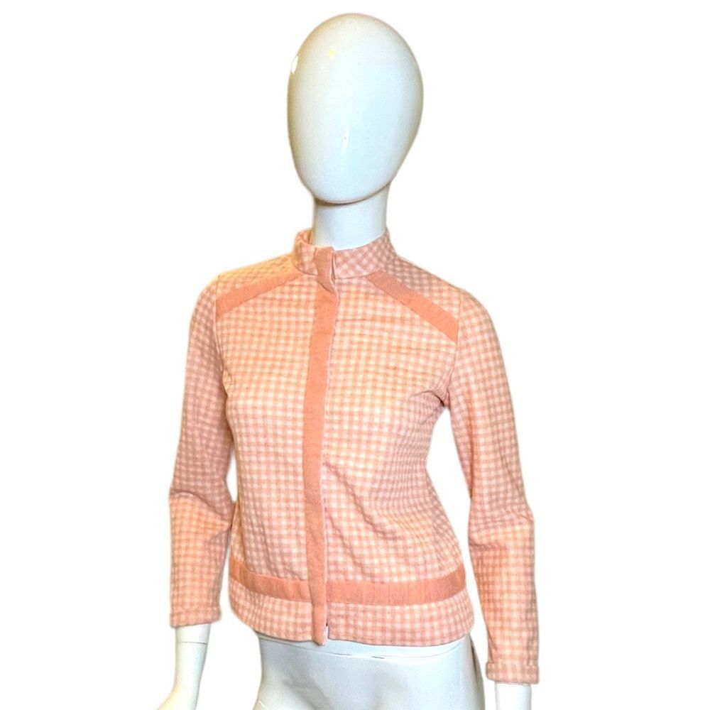 Vintage 1960s Plaid Nehru Jacket Small Peach White Retro